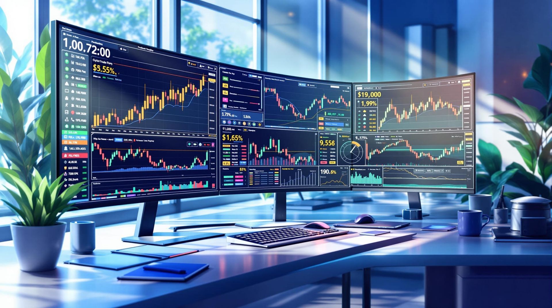 Trading workstation with live market screens